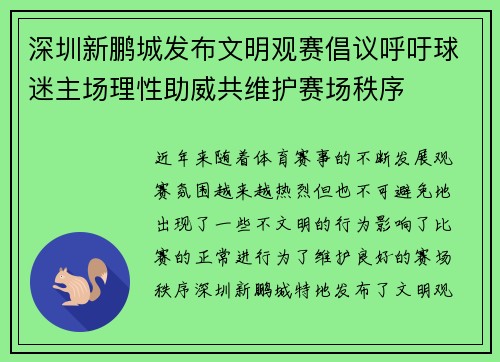 深圳新鹏城发布文明观赛倡议呼吁球迷主场理性助威共维护赛场秩序