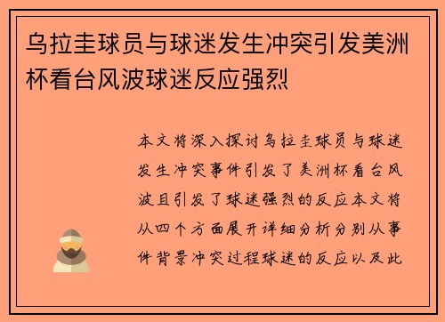 乌拉圭球员与球迷发生冲突引发美洲杯看台风波球迷反应强烈 乌拉圭球员与球迷发生冲突引发美洲杯看台风波球迷反应强烈